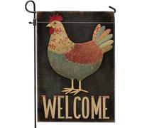 Bandiera rustica da giardino con pollo, striscione vintage patchwork per galline, decorazione primitiva per cortile di benvenuto per coop o giardino, bandiera in iuta nera su entrambi i lati, grigio