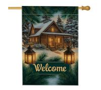 Bandiera rustica invernale da giardino, lanterna di pino verde benvenuto, decorazione per esterni, striscione da cortile in iuta su entrambi i lati, decorazione per prato per le vacanze, 71 x 101 cm