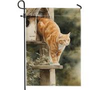 Bandiera rustica primaverile da giardino con gatto soriano arancione su una casetta per gli uccelli, decorazione per la casa e il cortile, decorazione per la casa autunnale per feste autunnali, 30,5 x