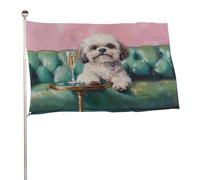 Bandiera Shih Tzu cane su divano in pelle verde 0,9 x 1,5 m bandiere da giardino all'aperto banner decorazione per cortile portico prato fattoria