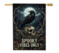 Bandiera spettrale con corvo e teschio, con citazione di Halloween, 71 x | Sfondo della foresta della luna piena, bandiera del prato, dettaglio del cranio umano, accenti di fogliame autunnale
