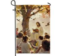 Bandiera spirituale autunnale da giardino, marrone dorato con Gesù che legge ai bambini, decorazione per esterni, su entrambi i lati, decorazione per cortile, feste, prato, 30,5 x 45,7 cm