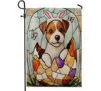 Bandiera Spring Easter Russell Terrier Dog Stained Glass Eggs Bandiere Da Giardino Resistente Decorative Flag Per Ristoranti Giardino Celebrazione 70X102Cm