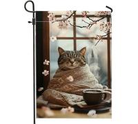 Bandiera Spring Flower Cat Cozy Tabby Cat With Cherry Bandiera Pirata Prova Di Sbiadimento Striscione All'Aperto, Per Giardino, All'Aperto Al Coperto, Balcone, 30x45cm