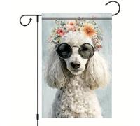 Bandiera Spring White Poodle Dog Flower Crown Sunglasses Art Bandiere Resistente Allo Scolorimento Doppia Cucitura Flag Per Giardino Balcone Esterno 70X102Cm