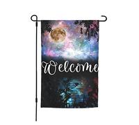 Bandiera Starry Colorful Nebulas Full Moon Lake Trees Bandiera Della Brezza Colori Vivaci Resistente Alle Intemperie Striscione All'Aperto, Per Eventi, Feste Estive, Balcone, 30x45cm