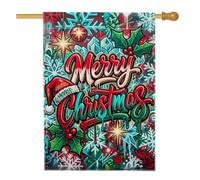 Bandiera tipografica per la casa in stile graffite con scritta "Merry | Stile artistico graffite, bandiera del prato, foglie di agrifoglio, accenti invernali di fiocchi di neve
