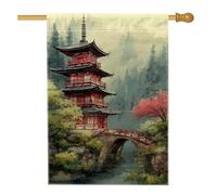 Bandiera tradizionale da giardino con pagoda rossa, scenografico paesaggio giapponese per la decorazione della casa, bandiera su entrambi i lati in iuta da cortile per la decorazione del prato esterno