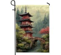 Bandiera tradizionale da giardino con pagoda rossa, scenografico paesaggio giapponese per la decorazione della casa, bandiera su entrambi i lati in iuta da cortile per la decorazione del prato esterno