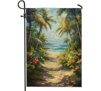 Bandiera Tropical Beach Path Vibrant Green Palm Trees Bandiera Di Benvenuto Colori Vivaci Striscione All'Aperto, Per Feste Estive, Eventi, Feste Strada, 30x45cm