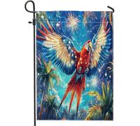 Bandiera Tropical Parrot Red Blue Fireworks And Palm Trees Summer Stagione Bandiera Tessuto Da Esterno Striscione All'Aperto, Per All'Aperto Al Coperto, Giardino, Eventi, 30x45cm