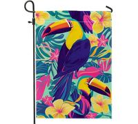 Bandiera tropicale da giardino, bandiera colorata con tucano floreale, decorazione per la casa, bandiera estiva su entrambi i lati, decorazione per prato all'aperto, tema vivace della natura, 30,5 x