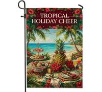 Bandiera tropicale da giardino con ananas, decorazione natalizia, 30,5 x | Scena tropicale della spiaggia, bandiera del cortile, fiori di stella di Natale, vassoio da dessert a più livelli