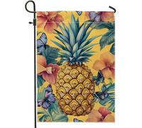 Bandiera tropicale da giardino con ananas, decorazione per esterni, decorazione per esterni con farfalla floreale gialla, striscione per cortile in iuta per feste estive, decorazione per la casa e il