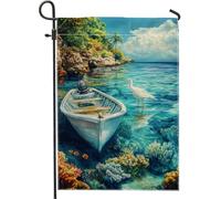 Bandiera tropicale da giardino con barca e riva, decorazione per paesaggio oceanico blu acqua, striscione estivo per la casa sulla spiaggia, bandiera da cortile in tessuto su entrambi i lati