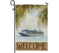 Bandiera tropicale da giardino con nave da crociera, motivo palme blu oceaniche, decorazione per la casa, decorazione estiva su entrambi i lati, per benvenuto all'aperto, 30,5 x 45,7 cm