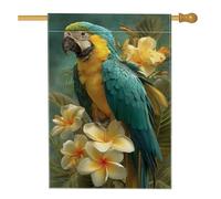 Bandiera tropicale da giardino con pappagallo, bandiera floreale blu gialla decorativa per esterni, bandiera su entrambi i lati in iuta per cortile, decorazione per feste estive e prato, 71 x 101 cm