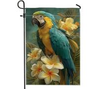 Bandiera tropicale da giardino con pappagallo, bandiera floreale blu gialla decorativa per esterni, bandiera su entrambi i lati in iuta per cortile, decorazione estiva per prato 30,5 x 45,7 cm
