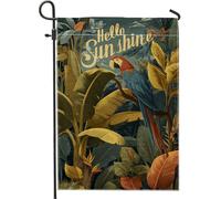 Bandiera tropicale da giardino con pappagallo, foglie verdi colorate sole splendente, decorazione per esterni, striscione in tessuto su entrambi i lati, per la decorazione estiva del patio, 30,5 x