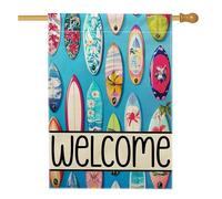 Bandiera tropicale da giardino con tavola da surf, striscione decorativo colorato per la spiaggia, bandiera per prato a doppia faccia in iuta per decorazione esterna di benvenuto 71 x 101 cm
