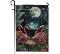 Bandiera tropicale da giardino con uccelli tropicali, scena al chiaro di luna, decorazione per esterni, striscione su entrambi i lati per la decorazione estiva della casa, divertente decorazione per