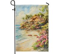 Bandiera tropicale da giardino con villaggio sulla spiaggia, palme floreali colorate, decorazione per la casa e il cortile, cartello in tessuto su entrambi i lati per la decorazione estiva all'aperto