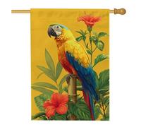 Bandiera tropicale da giardino, pappagallo giallo vibrante, ibisco primaverile, decorazione per la casa, bandiera da giardino in iuta su entrambi i lati, decorazione per esterni, 71 x 101 cm