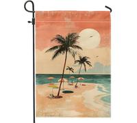 Bandiera tropicale del giardino della spiaggia, palme del tramonto del corallo, banner all'aperto, bandiera in tela a doppia faccia, decorazione domestica, decorazione del prato delle vacanze estive