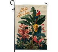 Bandiera tropicale estiva da giardino, con foglie di banana e pappagallo rosso brillante, decorazione per esterni, bandiera da cortile in iuta su entrambi i lati, per la decorazione del prato