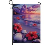 Bandiera tropicale estiva da giardino con ibisco, fiore rosso, scena da spiaggia, decorazione per la casa, striscione da cortile, bandiera su entrambi i lati, decorazione per esterni, 30,5 x 45,7 cm
