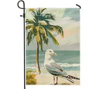Bandiera tropicale estiva da giardino, con palme colorate e gabbiani, con vista sull'oceano costiero, decorazione rustica da appendere per esterni, 30,5 x 45,7 cm