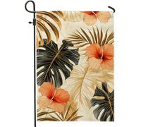 Bandiera tropicale floreale da giardino, foglie di ibisco arancione, decorazione per la casa e il giardino, bandiera da giardino su entrambi i lati, bandiera estiva per esterni, decorazione per prato