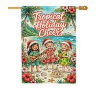 Bandiera tropicale per la casa degli elfi della spiaggia di Natale, 71 x | tema spiaggia tropicale, bandiera cortile, cappelli di Babbo Natale, castello di sabbia, palme, fiori di ibisco, ukulele
