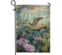 Bandiera Underwater Sea Turtle Green Turtle and Violet Flowers Doppia Cucitura Bandiere da giardino Personalizzata Bandierine per Conferenza Bar 30x45cm