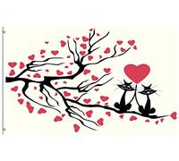 Bandiera Valentine'S Day Two Cats In Love On Heart Tree Branch Bandiera Della Brezza Decorazione Colori Vivaci Striscione All'Aperto, Per Celebrazioni, Feste Estive, Giardino, 90x150cm