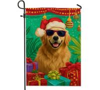 Bandiera verde da giardino per cani, Golden Retriever con cappello di Babbo Natale e occhiali da sole, striscione su entrambi i lati, perfetto per la decorazione natalizia del prato 30,5 x 45,7 cm