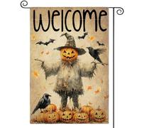 Bandiera Verticale Garden Halloween Jack-O'-Lantern Scarecrow Welcome Resistente Alle Intemperie Bandiera Pace Con 2 Occhielli Decorazioni Da Giardino Per Balcone Fattoria Vacanza 12X18 Inch