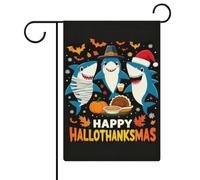 Bandiera Verticale Happy Hallothanksmas Sharks Halloween Christmas Thanksgiving Striscione da Giardino 12x18 Inch