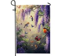 Bandiera Vibrant Spring Violet Wisteria & Colorful Birds Butterfly con Occhielli Bandiere da giardino Resistente alle Intemperie Flag per Ristoranti Balcone 30x45cm