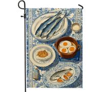 Bandiera vintage blu da giardino, uova di frutti di mare, decorazione da tavolo, striscione da giardino, bandiera da giardino in iuta su entrambi i lati, decorazione per cucinare all'aperto, 30,5 x