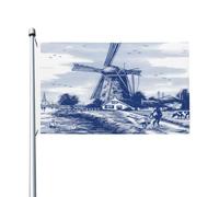 Bandiera vintage blu olandese Nederland Dutch Windmill Delft 3x5 piedi grande striscione esterno laterale, bandiere appese all'esterno con doppia cucitura per cartello da giardino prato festa fornitur