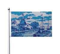 Bandiera vintage blu olandese Nederland Dutch Windmill Delft 3x5 piedi grande striscione esterno laterale, bandiere appese all'esterno con doppia cucitura per cartello da giardino prato festa fornitur