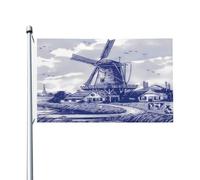 Bandiera vintage blu olandese Nederland Dutch Windmill Delft 3x5 piedi grande striscione esterno laterale, bandiere appese all'esterno con doppia cucitura per cartello da giardino prato festa fornitur