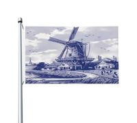 Bandiera vintage blu olandese Nederland Dutch Windmill Delft 3x5 piedi grande striscione esterno laterale, bandiere appese all'esterno con doppia cucitura per cartello da giardino prato festa fornitur
