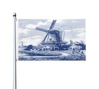 Bandiera vintage blu olandese Nederland Dutch Windmill Delft 3x5 piedi grande striscione esterno laterale, bandiere appese all'esterno con doppia cucitura per cartello da giardino prato festa fornitur