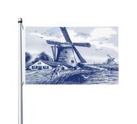 Bandiera Vintage Blue Nederland Dutch Windmill Delft Stagione Bandiera Resistente Alle Intemperie Tessuto Da Esterno Striscione All'Aperto, Per Celebrazioni, Balcone, Giardino, 90x150cm