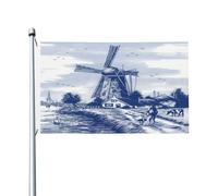 Bandiera Vintage Blue Nederland Dutch Windmill Delft Stagione Bandiera Tessuto Da Esterno Resistente Alle Intemperie Striscione All'Aperto, Per All'Aperto Al Coperto, Balcone, Giardino, 90x150cm