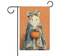 Bandiera vintage con fantasma carino in tessuto denim patchwork, bandiera da giardino, vacanze stagionali, juta, doppia faccia, bandierine per esterni, 30,5 x 45,7 cm