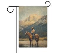 Bandiera vintage Cowboy a cavallo montagne giardino casa cortile esterno bandiera stagionale vacanza juta doppia faccia bandiera 30,5 x 45,7 cm