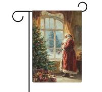 Bandiera vintage da giardino con Babbo Natale in piedi vicino alla finestra, in iuta su entrambi i lati, 30,5 x 45,7 cm